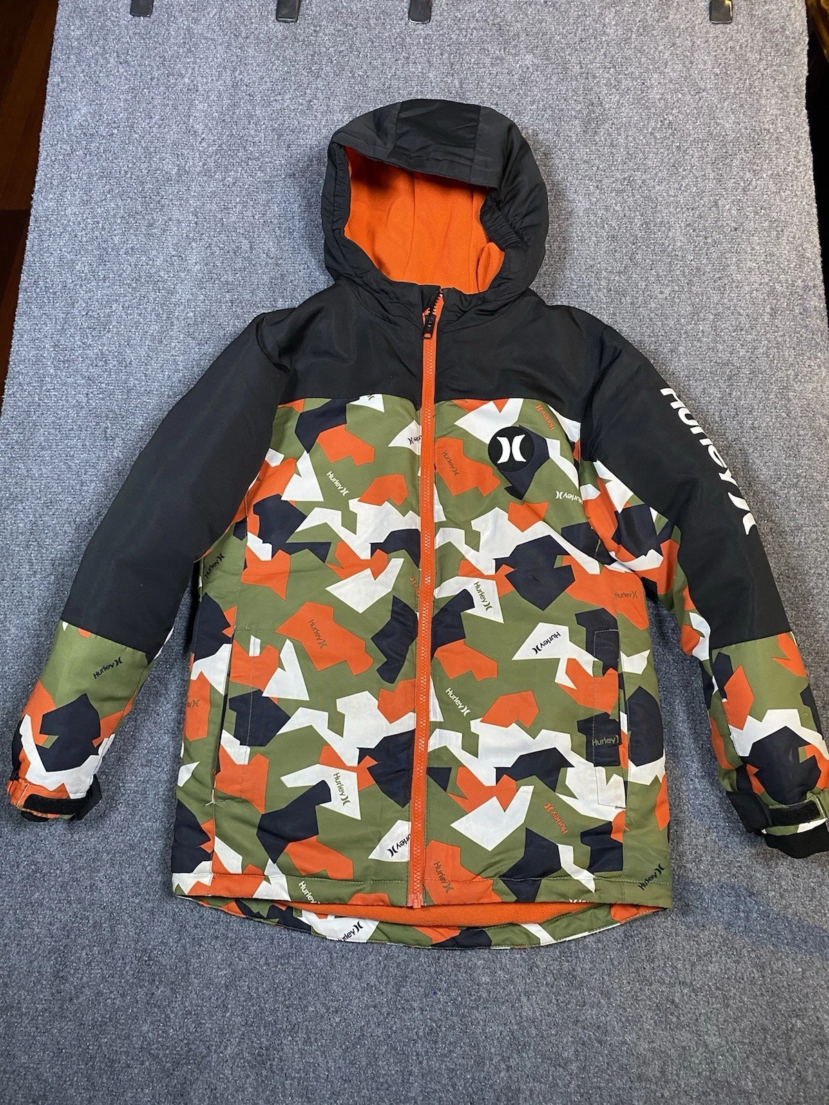 Hurley Hooded Puffer Jacket Kids M 10/12 Orange Camo Fleece Lined Winter Coat