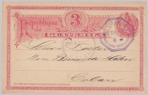 GUATEMALA 1895 SANTA LUCÍA COTZUMALGUAPA octagon to COBAN - 3c Quetzal Ptl Card