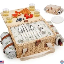 HappyPicnic Large Wicker Picnic Basket Set for 4 with Table, Blanket & Cutlery