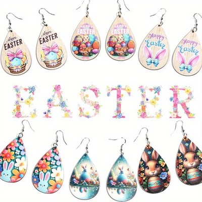 6Pairs Cute Easter Bunny Wooden Teardrop Earrings Party Easter Gift for Women