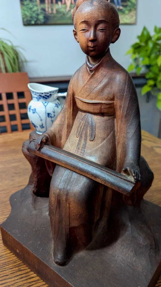 Old Chinese Natural Boxwood Carved Beautiful Woman Statue Sculpture 11" x 15" - Image 3 of 4