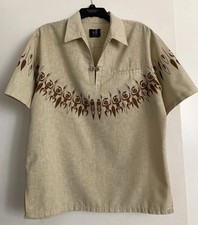 Iolani Hawaiian Mens L Loop Pullover Shirt Tan 70s Big Collar Tiki Vtg, SZ L