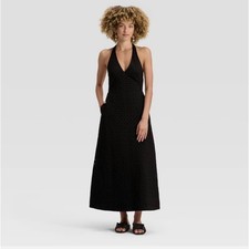 A New Day Black Eyelet Halter Maxi Dress V-Neck Smocked Back Pockets Size M NWT