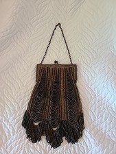 1920s Flapper Art Deco Brown Gold Bead Decorated Purse W Ornate Closure