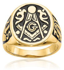 10K Solid Yellow Gold Mens Black Masonic Ring