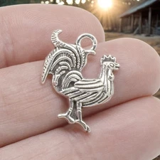Silver Rooster Charms, 10-Pack Metal Chicken Farm Animal Jewelry Making 18x22mm