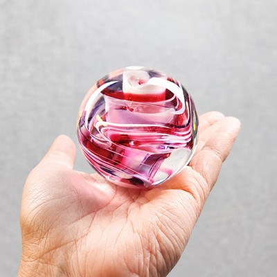 Vintage Pink & White Blown Glass Swirl Abstract Rose Art Ball Paperweight Beauty