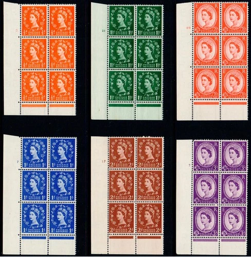 1957 Edward Crown Graphite ½d, 1d, 1½d, 2d, 2½d, 3d Cylinder Block Set SG 561-66