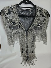 1980s Disco Era David Howard Silk Silver Tone Beaded Capelet Shawl Collar