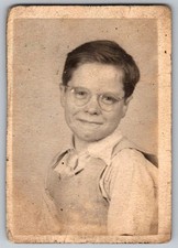 Vtg B&W Snapshot Smiling Boy Glasses Collared Shirt Vest Studio Portrait Card
