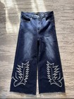 Lucky & Blessed Cropped Wide Flare Fit Denim Jeans W/ Embroidered Details 30x26 — photo 1