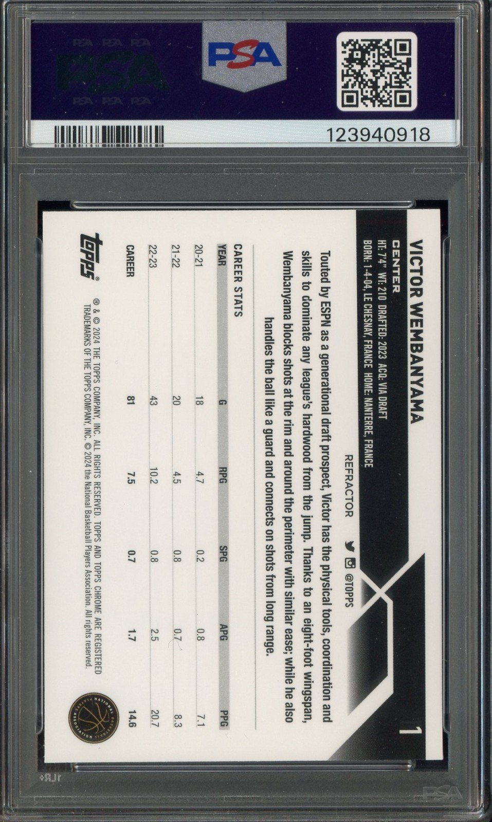 2023-24 Topps Chrome Refractor #1 Victor Wembanyama Spurs RC Rookie PSA 8 MINT view 2