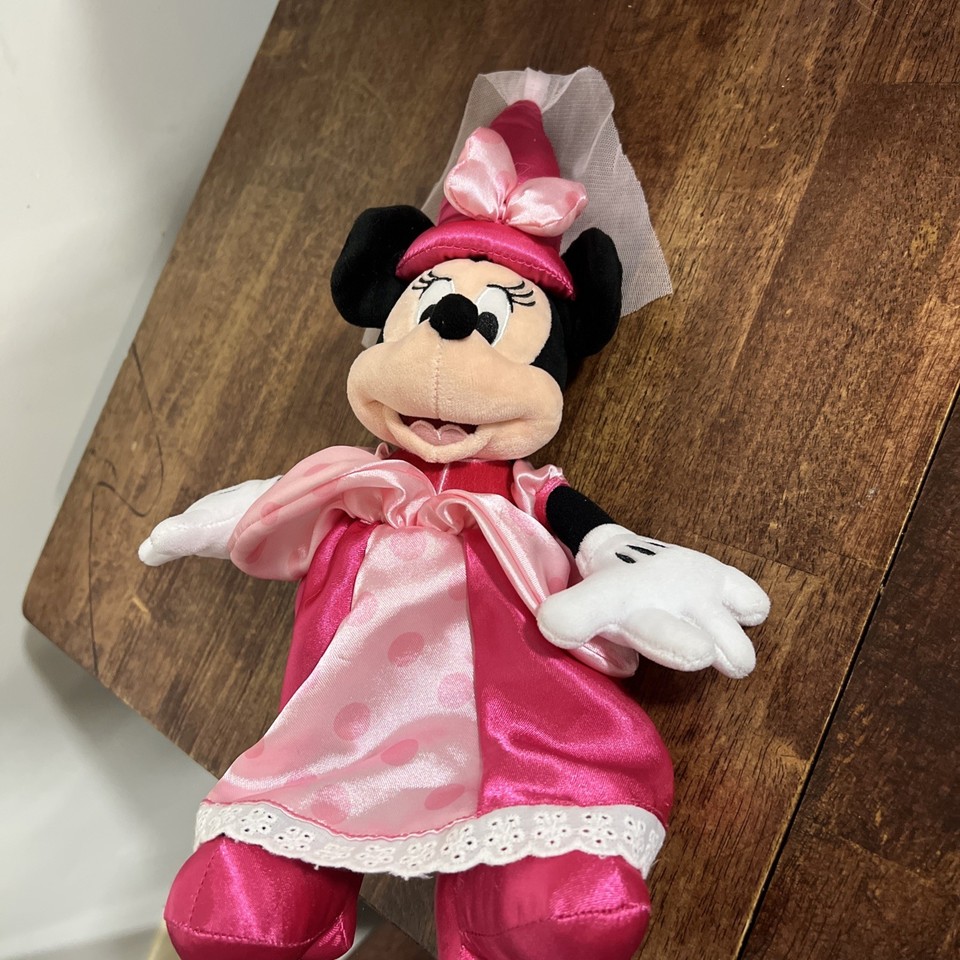Princess Minnie Mouse Plush 14” Sitting In A Pink Satin Dress Huggable ...