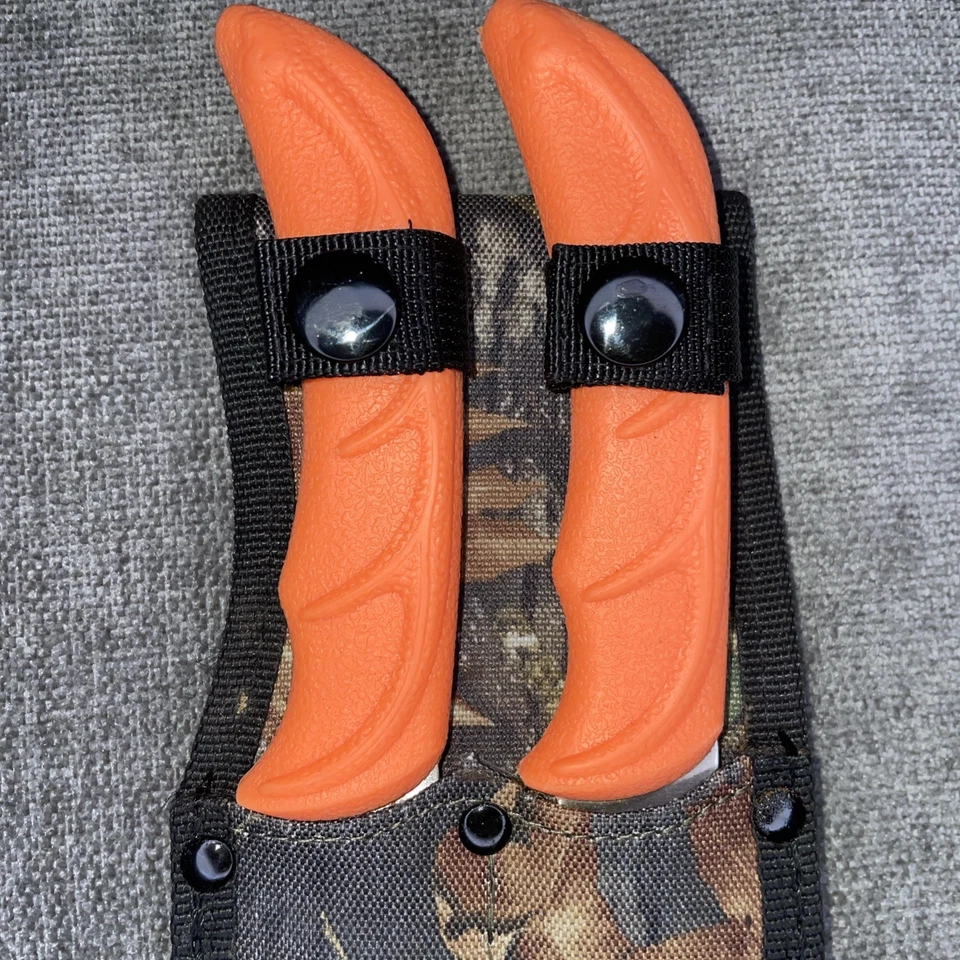 Juego de cuchillos de borde para exteriores caza mango naranja ciervo caza dos cuchillos y funda Foto 3 de 4