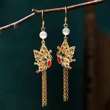National Trend Butterfly Tassel Earrings Gold Plated Enamel Inlay Vintage