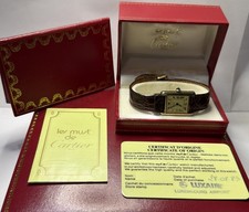 Vintage 1983 Cartier Tank Must De Argent Quartz Org. Leather Band Watch Card Box 3