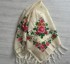White wool shawl with flowers, Vintage traditional scarf, Ethnic Ukrainian shawl