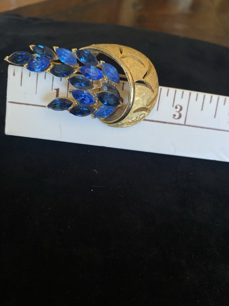 Vintage Gold Tone Basket With Blue Marquis Rhinestones 3 Inches Wide. View 4