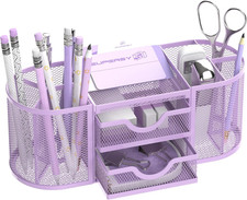 Mesh Desk Organizer with Drawers and Compartments for Office Supplies, Purple