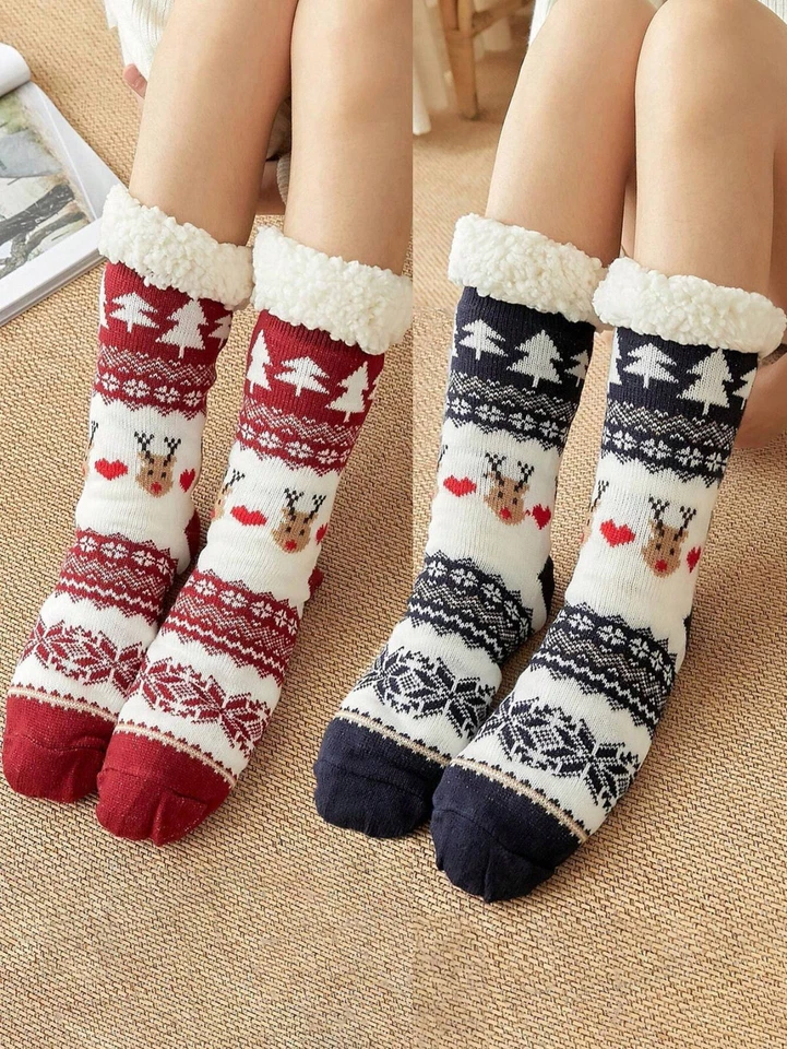 Womens Slipper Socks Non Slip Knitted Fluffy Thick Soft Warm Sherpa with Grips - Image 4 of 4