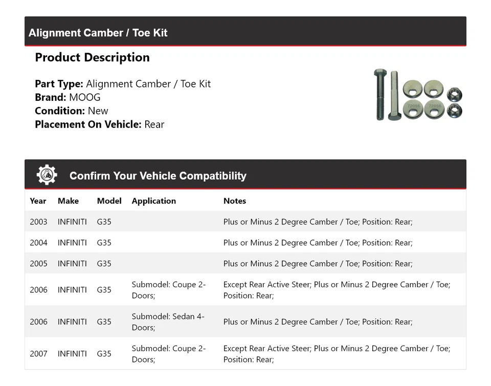 Kit de inclinación/puntera trasera para Infiniti G35 2003-2007 MOOG 2003 2004 2005 Foto 2 de 3