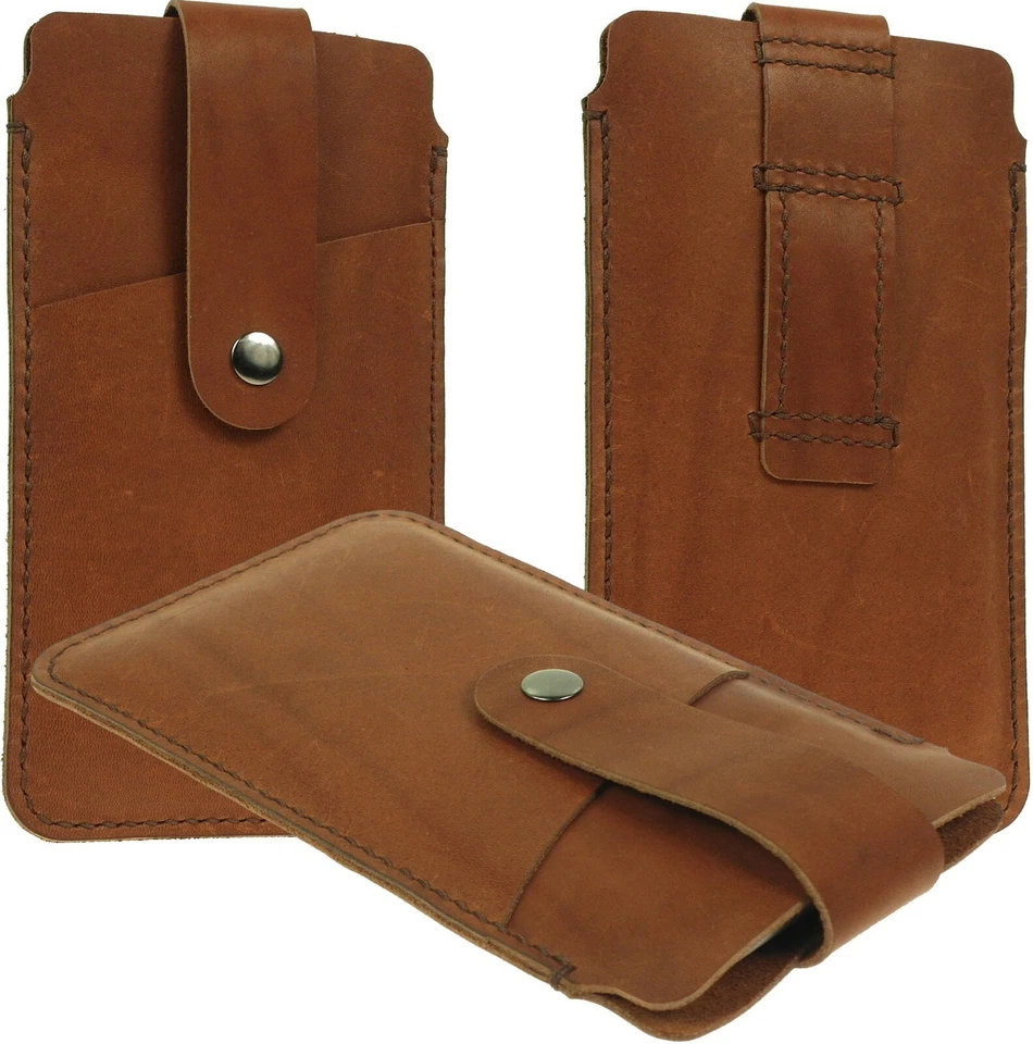 FUNDA FUNDA DE CUERO GENUINO COSIDA A MANO CON TRABILLA PARA CINTURÓN PARA TELÉFONOS GRANDES Foto 3 de 4