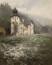 Vintage Church on a Hill Landscape Painting Giclee Print on Fine Art Paper