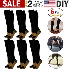 6 Pair Unisex Copper Infused Anti-Fatigue Compression Socks Varicose Stocking US