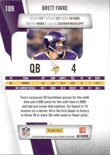 Brett Favre - 2010 Panini Prestige Football #109 - Bild 2 von 2
