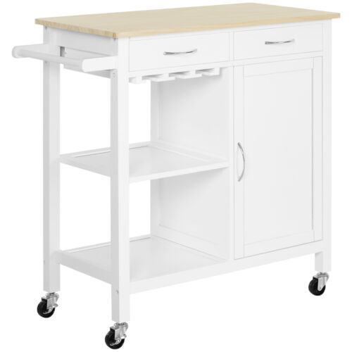 HOMCOM Kitchen Storage Trolley Cart Cupboard Rolling Wheels Shelves 2 Drawers - Picture 1 of 11
