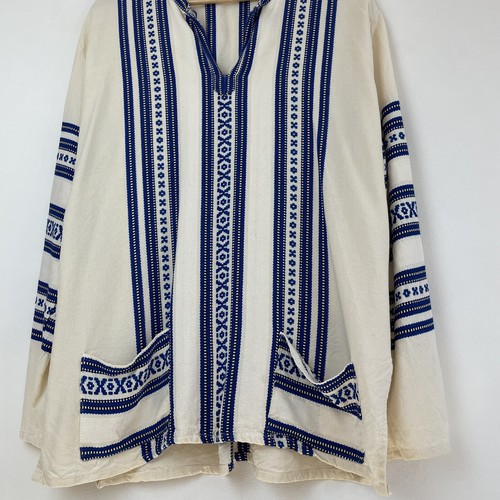 VTG 1970s Kaftan Tunic White Blue Embroidered Greek Handmade 70s Woven Cotton - Picture 3 of 24