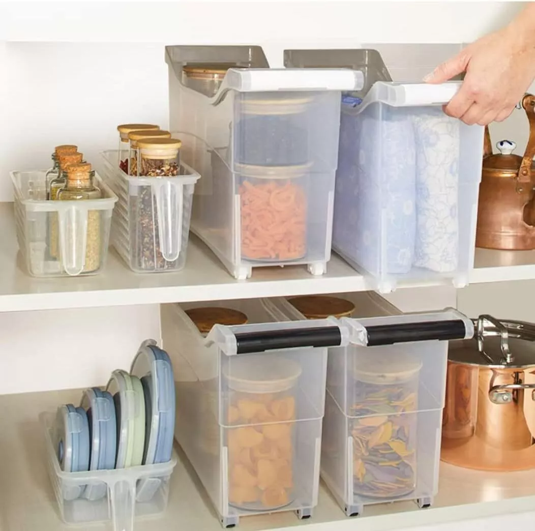 Slim Rolling Storage Bins Clear Cabinet Compartment Organizer White Black Handle