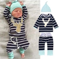 3pcs Newborn Toddler Baby Boys Outfits Deer T-shirt tops Pants hat Clothes Set