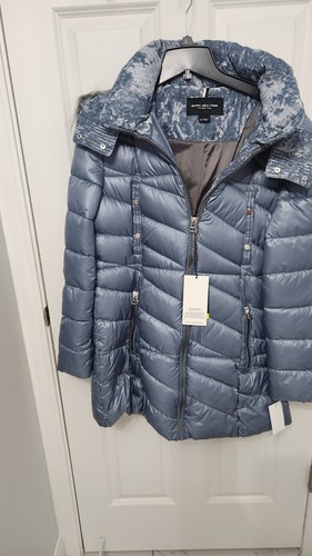 Marc New YorkVelvet-Trim Faux-Fur Hooded Puffer Coat Size L Light Blue - Picture 3 of 12