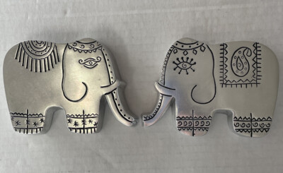 (2)  Elephant Figurine Hammered Shiny Silver Color Home Décor 3''Tx4''W
