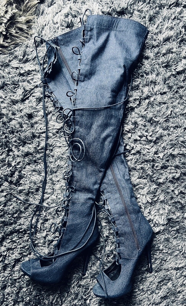 Jeans Grey Peep Toe Boots Denim Grey Lace Up Knee High Boots Missguided  Denim Lace Up Peep