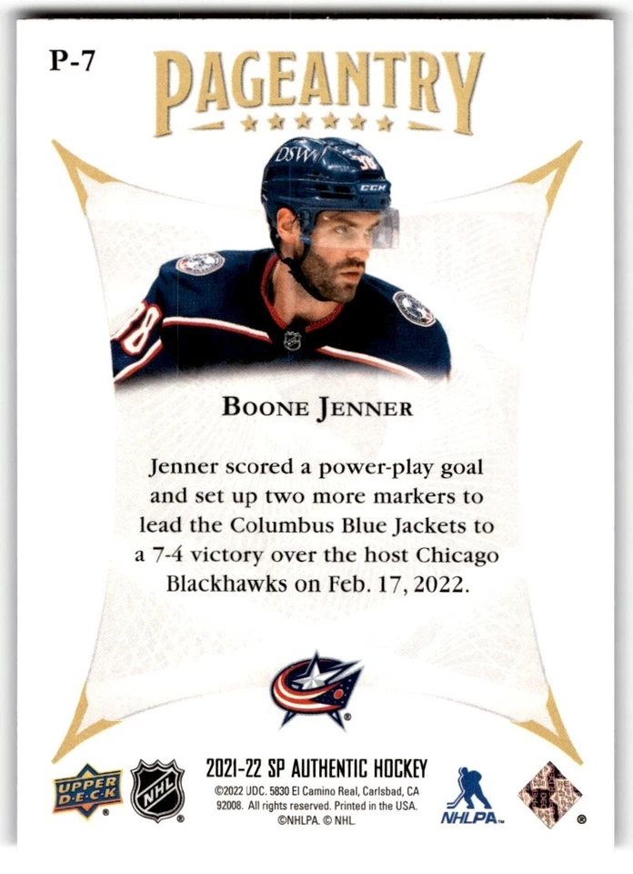 2021-22 SP Authentic Pageantry Boone Jenner #p-7 - Image 2 of 2
