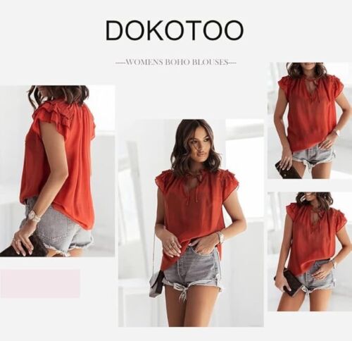 Women's Casual V Neck Tops Drawstring Short Sleeve T Shirt Solid Color Blouses - Picture 7 of 16