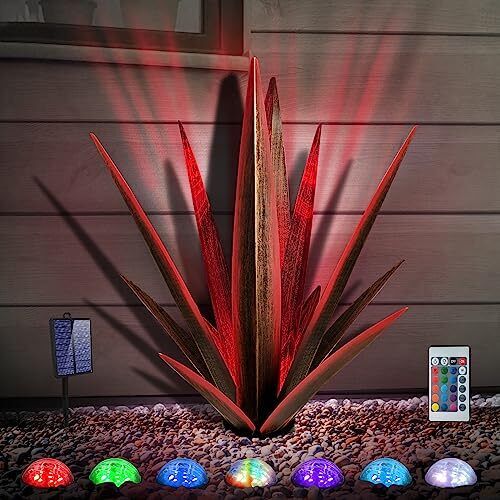 Large Tequila Rustic Sculpture Rustic Metal Agave Red - L (W/ Solar Light)
