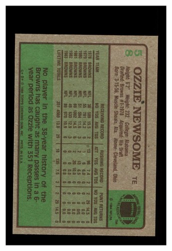 1984 Topps #58 Ozzie Newsome Cleveland Browns NM/NM-MT - Picture 2 of 2