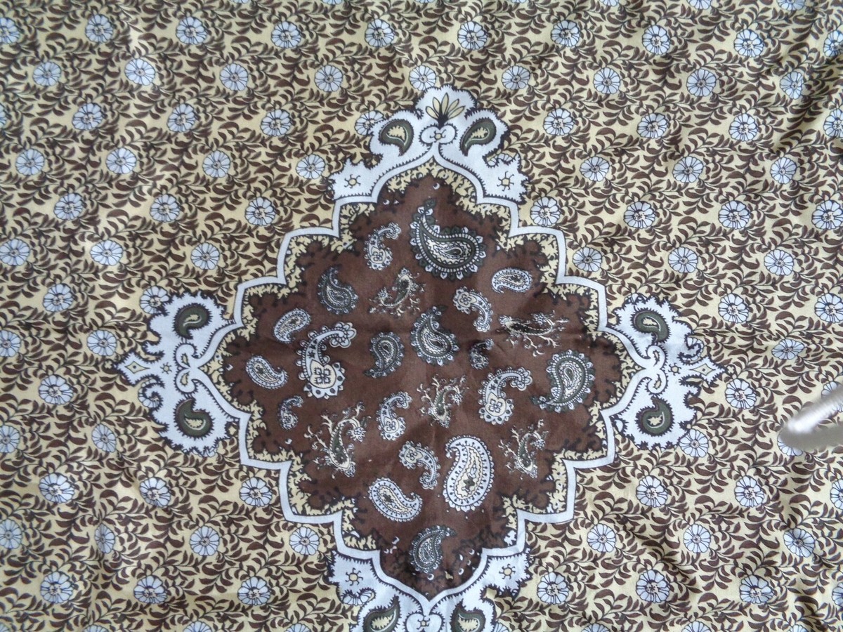 Foulard Carré En Soie Vintage 55x55 Cm - Marron Et Bleu - Bon état