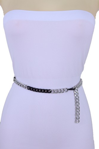 Women Black Silver Metal Chain Link Crisp Look Thin Band Belt Plus Size M L XL - Picture 2 of 12