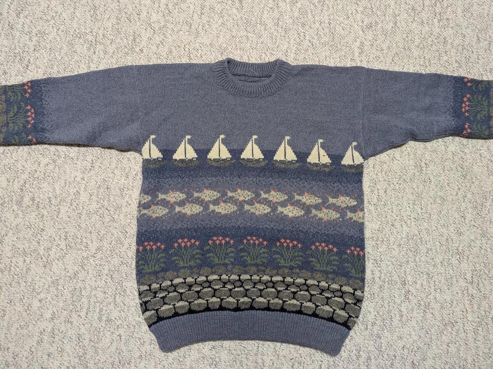 vintage 1990s wool ALL-OVER sweater M cape cod PREPPY fair isle SAIL BOAT fish - Image 2 of 4