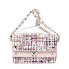 Chanel Pink/Peach Classic Double Flap Shoulder Bag Tweed Quilted Canvas