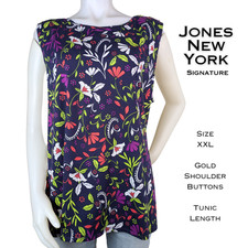 Jones New York Signature Sleeveless Top Shell 2X Navy Floral Pink Green Vibrant