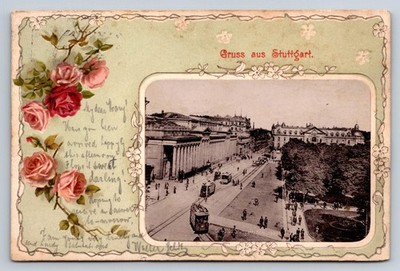 Vintage Gruss aus Stuttgart Germany Postcard c.1900s Trams Street Scene Roses
