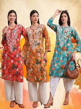 Women Mulmul Cotton Printed Kurta  Floral Embroidered Kurti  Summer Ethnic Wea