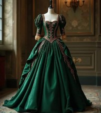 Emerald Green Victorian Evening Dress Gold Lace Appliques Medieval Party Gowns