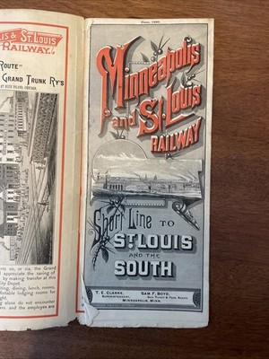 1886 Minneapolis St Louis Railway MAP & TIMETABLE Albert Lea Route To Chicago