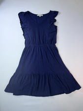 Loft Women Ruffle Dress Knee Length Tank V-Neck Coastal Navy Sz Small